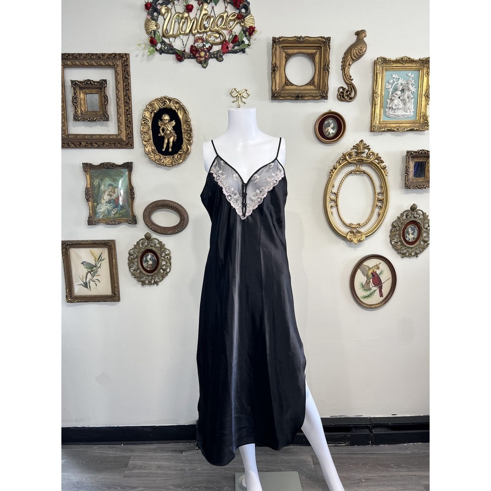 Cinema Etoile Vintage Lace Trim Satin Slip Dress Size Medium Black